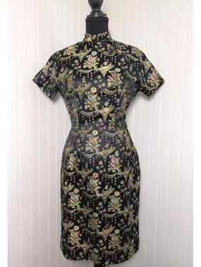 Vintage 50/60's DYNASTY Hong Kong  Black Brocade Cheongsam Floral Dress Size 10